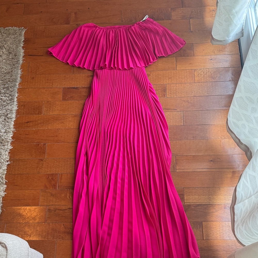 Pink Pleated Off-Shoulder Maxi Dress